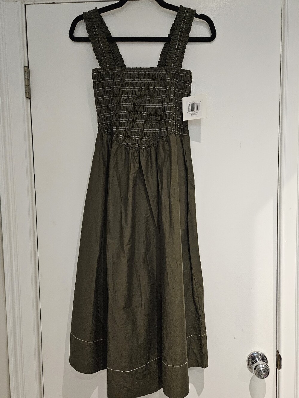 Ellen Tracy Smocked Cotton Poplin Fit & Flare Midi Dress - Light Olive Green NWT